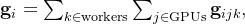 \\mathbf{g}_{i} = \\sum_{k \\in \\text{workers}} \\sum_{j \\in \\text{GPUs}} \\mathbf{g}_{ijk},