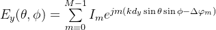 {E_y}(\\theta ,\\phi ) = \\sum\\limits_{m = 0}^{M - 1} {​{I_m}} {e^{jm\\left( {k{d_y}\\sin \\theta \\sin \\phi - \\Delta {\\varphi _m}} \\right)}}