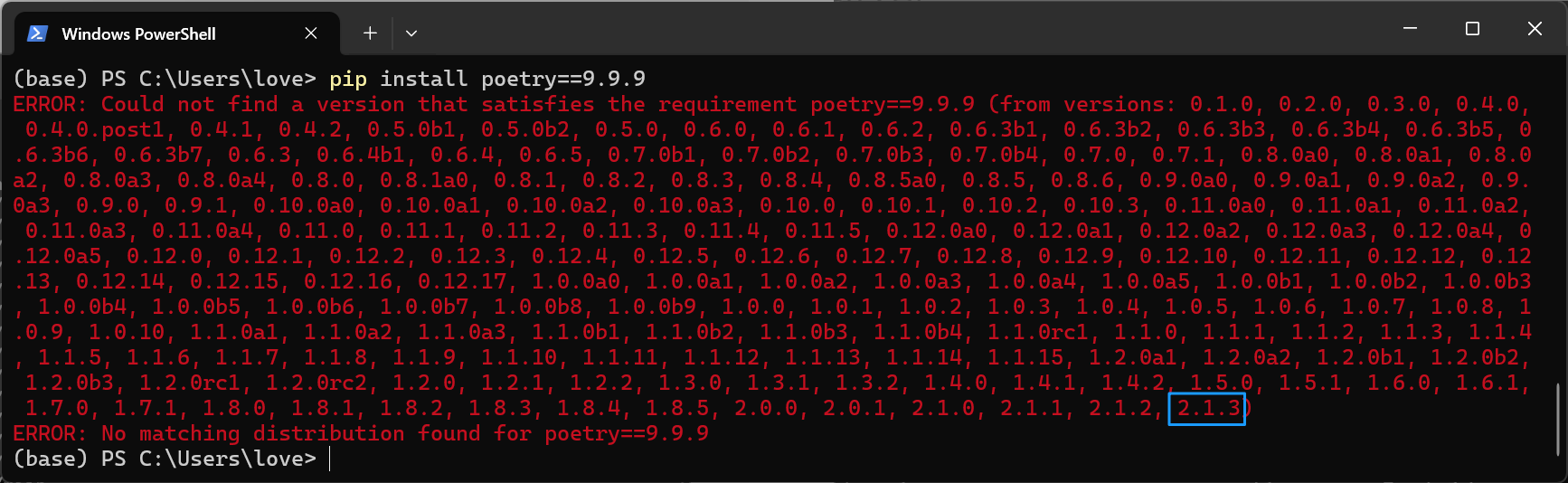 可以看到 pip 渠道中的 poetry 包的最新版本为2.1.3