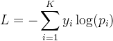 $ L = -\\sum_{i=1}^{K} y_i \\log(p_i) $