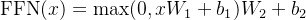 \\text{FFN}(x) = \\max(0, xW_1 + b_1)W_2 + b_2