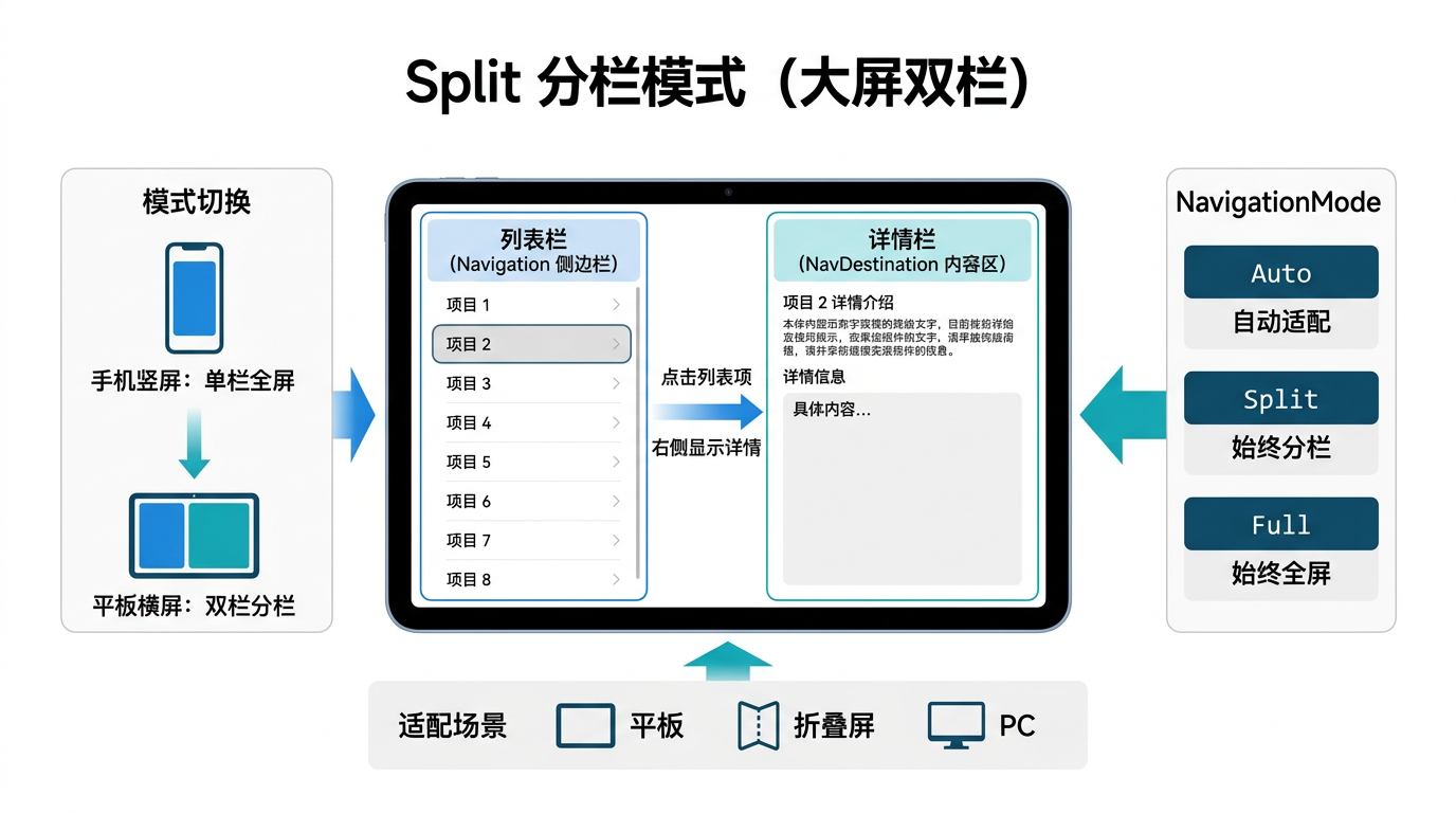 文章配图：Navigation 的 Split 分栏模式、单栏/分栏的自适应切换以及分栏场景下的页面栈管理