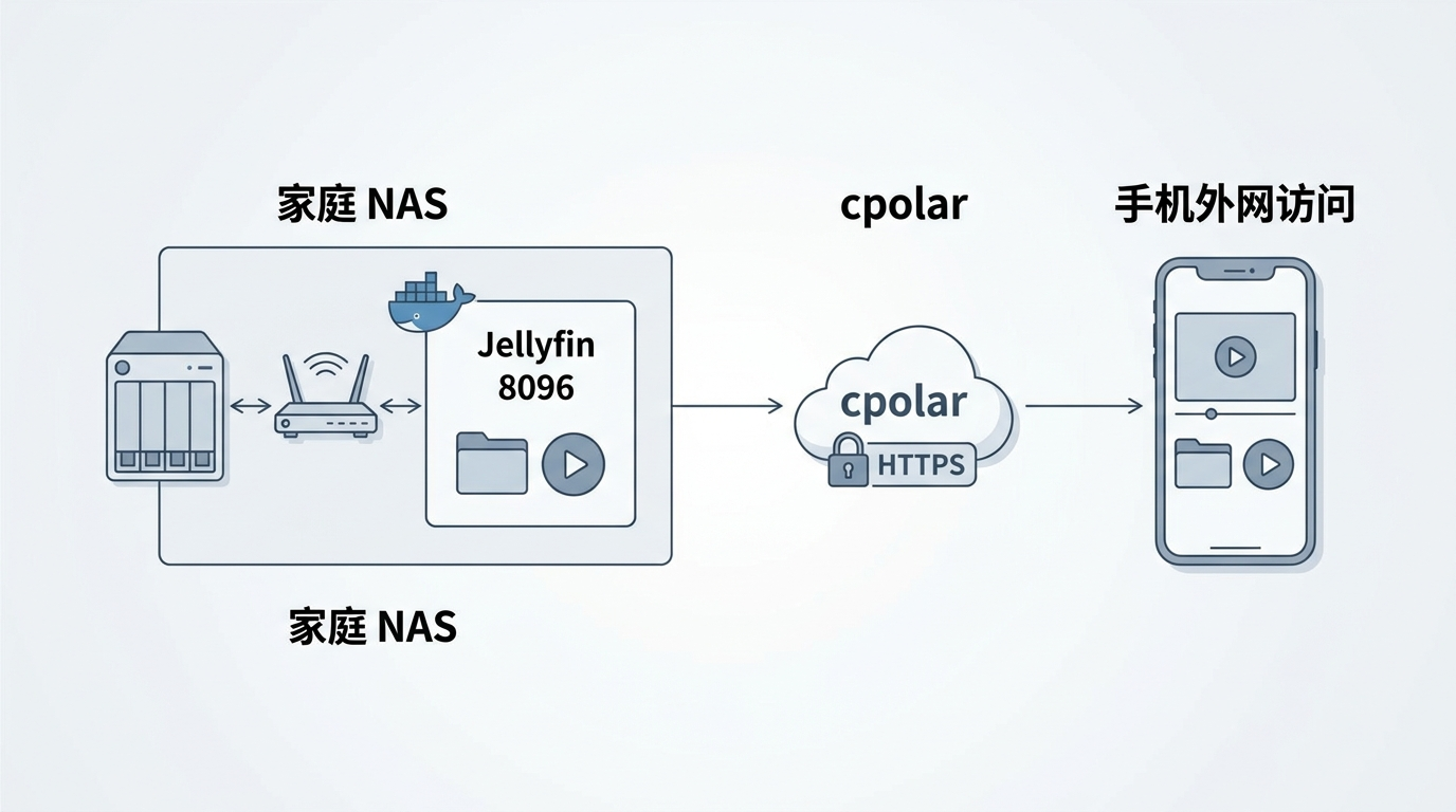 Jellyfin NAS cpolar 外网访问架构图