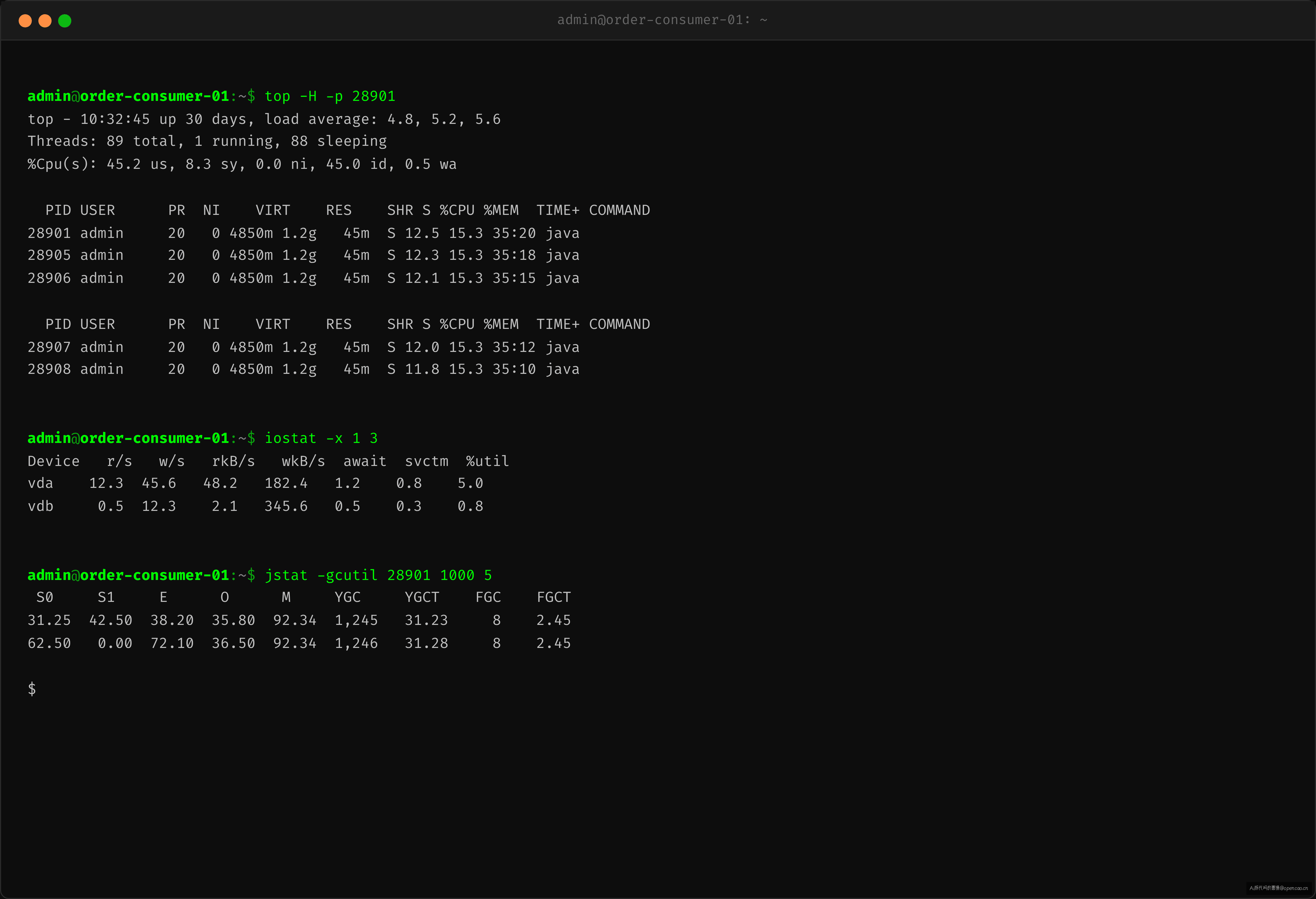 OS 层排查:top + iostat + jstat