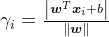 \\gamma_i=\\frac{\\left|\\boldsymbol w^T \\boldsymbol x_i+b\\right|}{\\|\\boldsymbol w\\|}