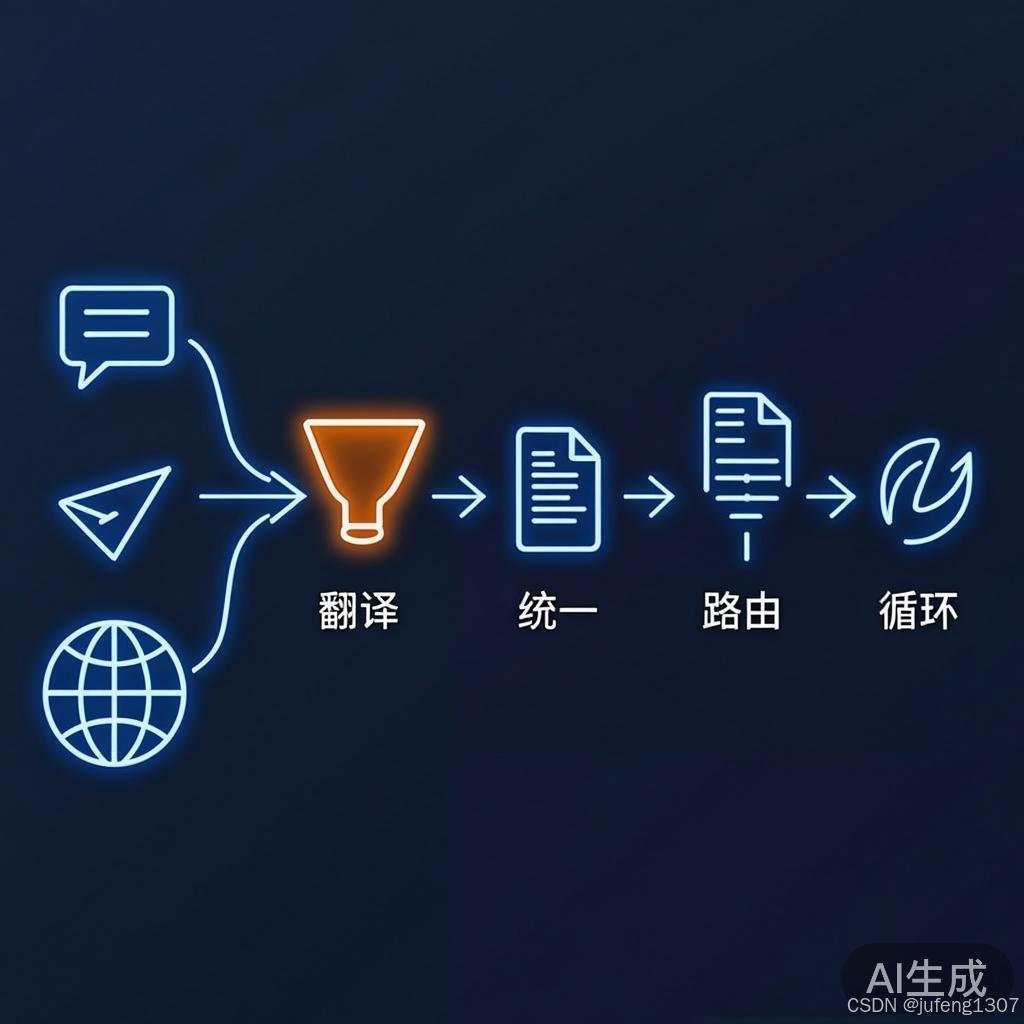 架构图:平台 JSON 经适配器翻译为 MessageEvent,进入 GatewayRunner 与核心循环