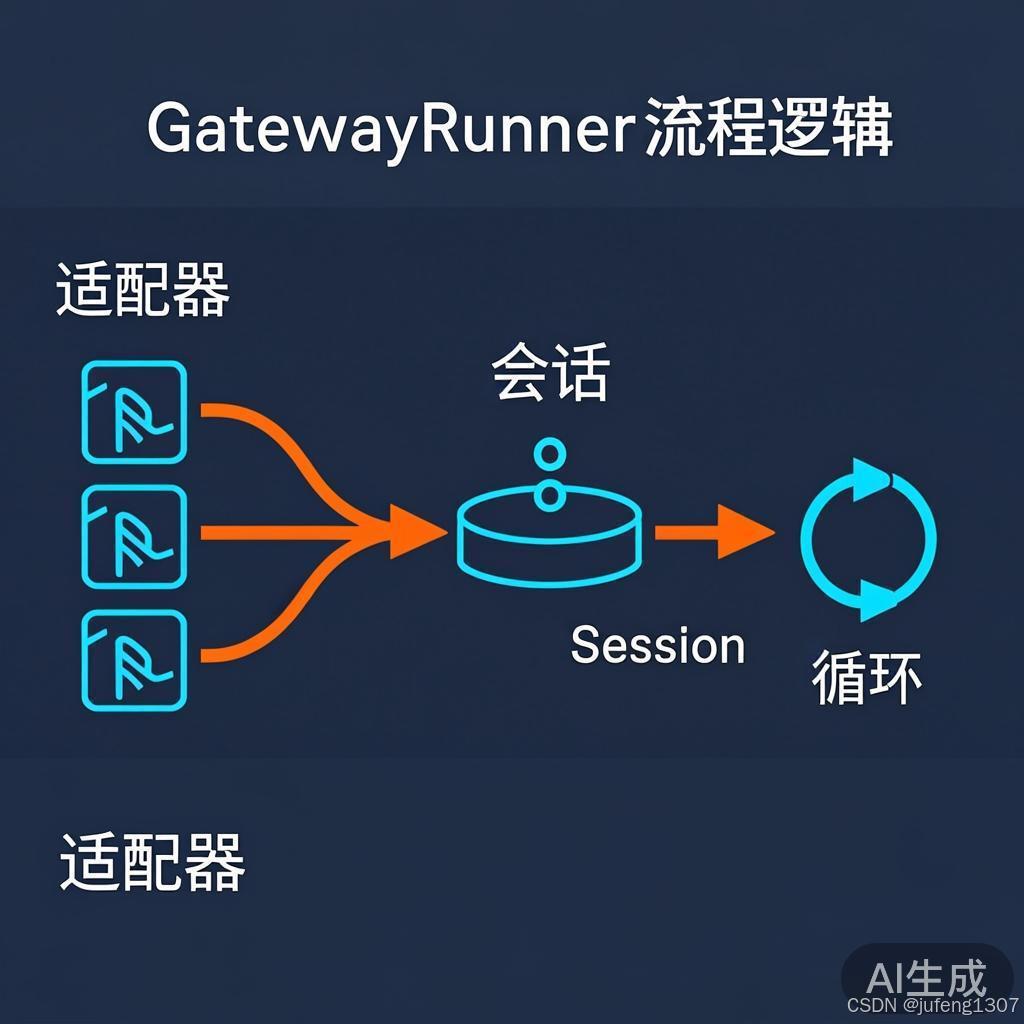 架构图:GatewayRunner 路由多适配器消息,统一交给核心循环处理