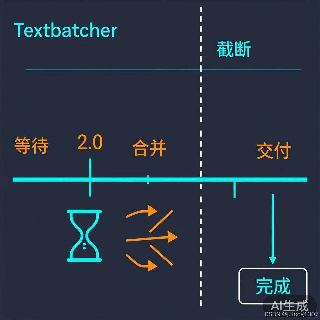 信息图:TextBatcher 时间窗口合并,0.6 秒与 2.0 秒两种等待策略