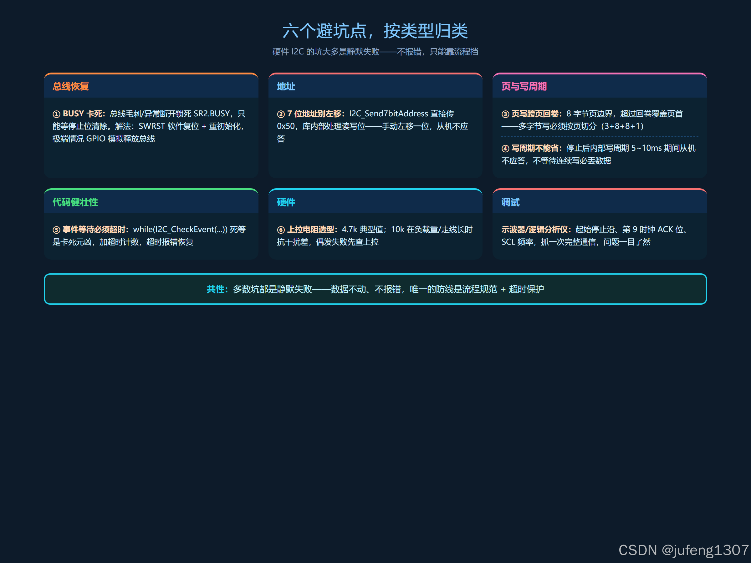 结构图：六坑分类总结——总线恢复（BUSY/SWRST）、地址（7位左移）、页写（跨页回卷）、时序（写周期）、代码（超时保护）、硬件（上拉电阻）