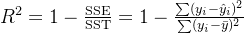 R^2 = 1 - \\frac{\\text{SSE}}{\\text{SST}} = 1 - \\frac{\\sum (y_i - \\hat{y}_i)^2}{\\sum (y_i - \\bar{y})^2}