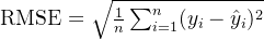 \\text{RMSE} = \\sqrt{\\frac{1}{n} \\sum_{i=1}^{n} (y_i - \\hat{y}_i)^2}