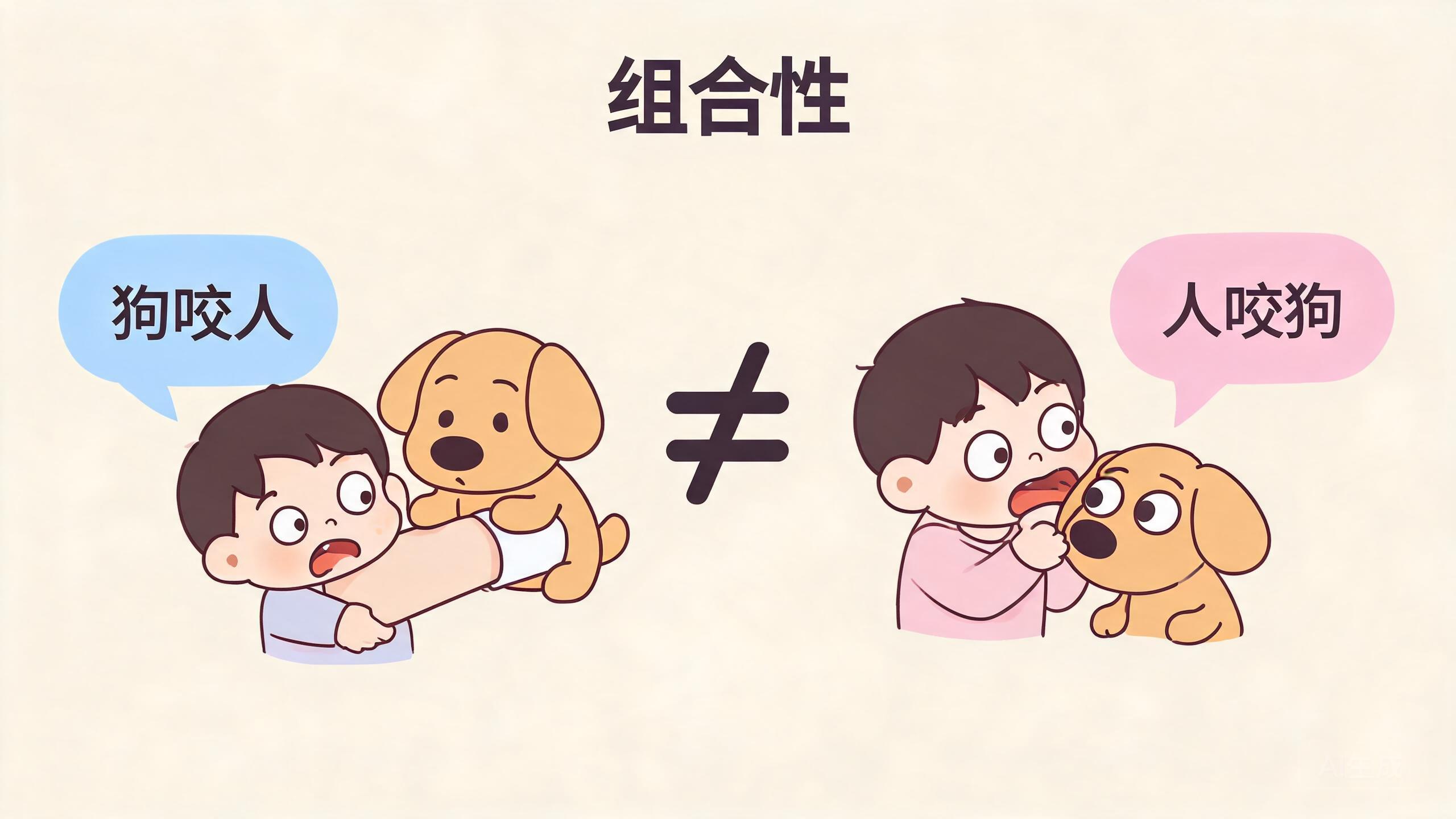 组合性卡通图:“狗咬人”和“人咬狗”两个句子面对面,中间画着不等于号