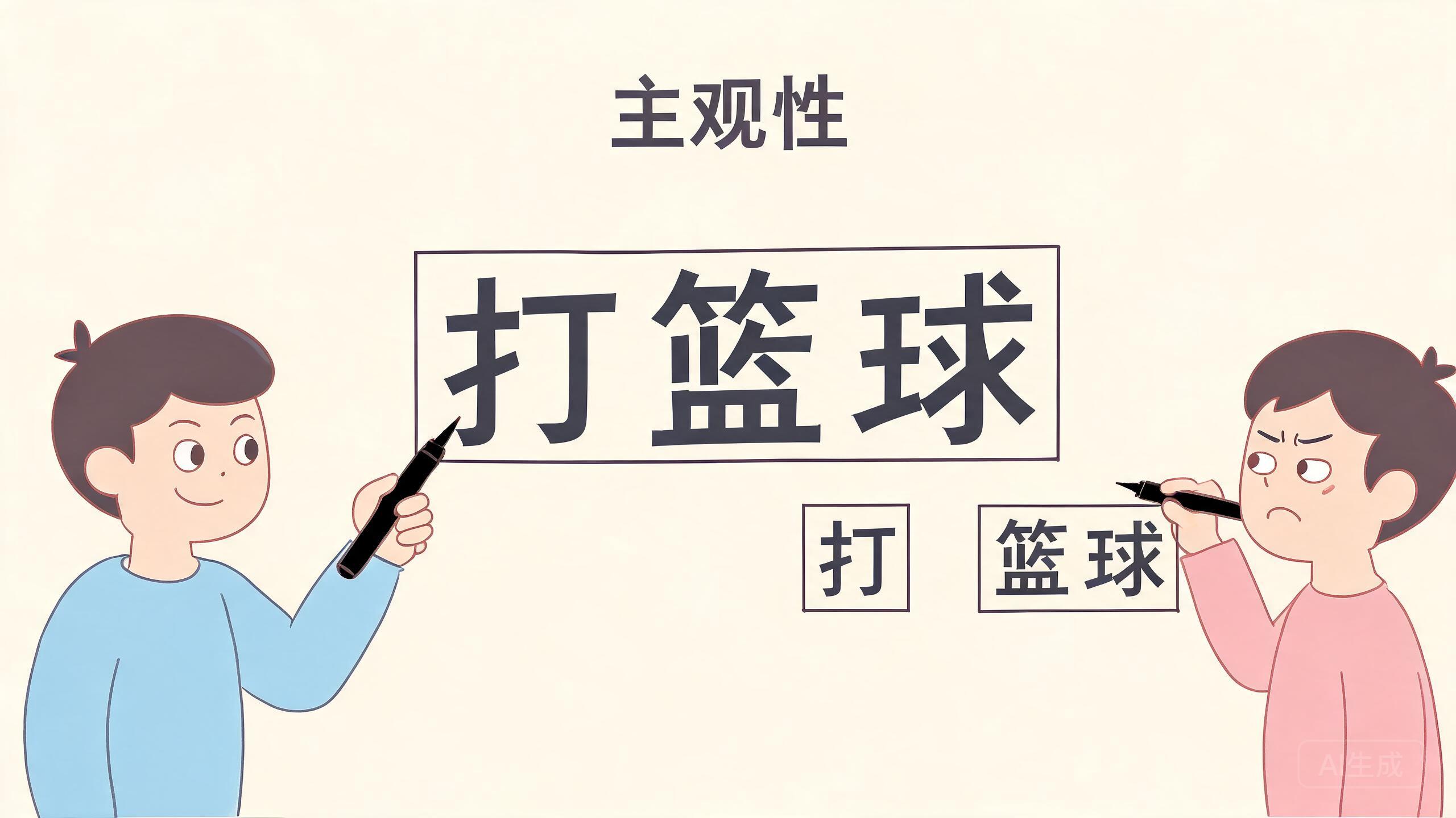 主观性卡通图:两个人对“打篮球”标注方式不同,一个框整体,一个拆开框