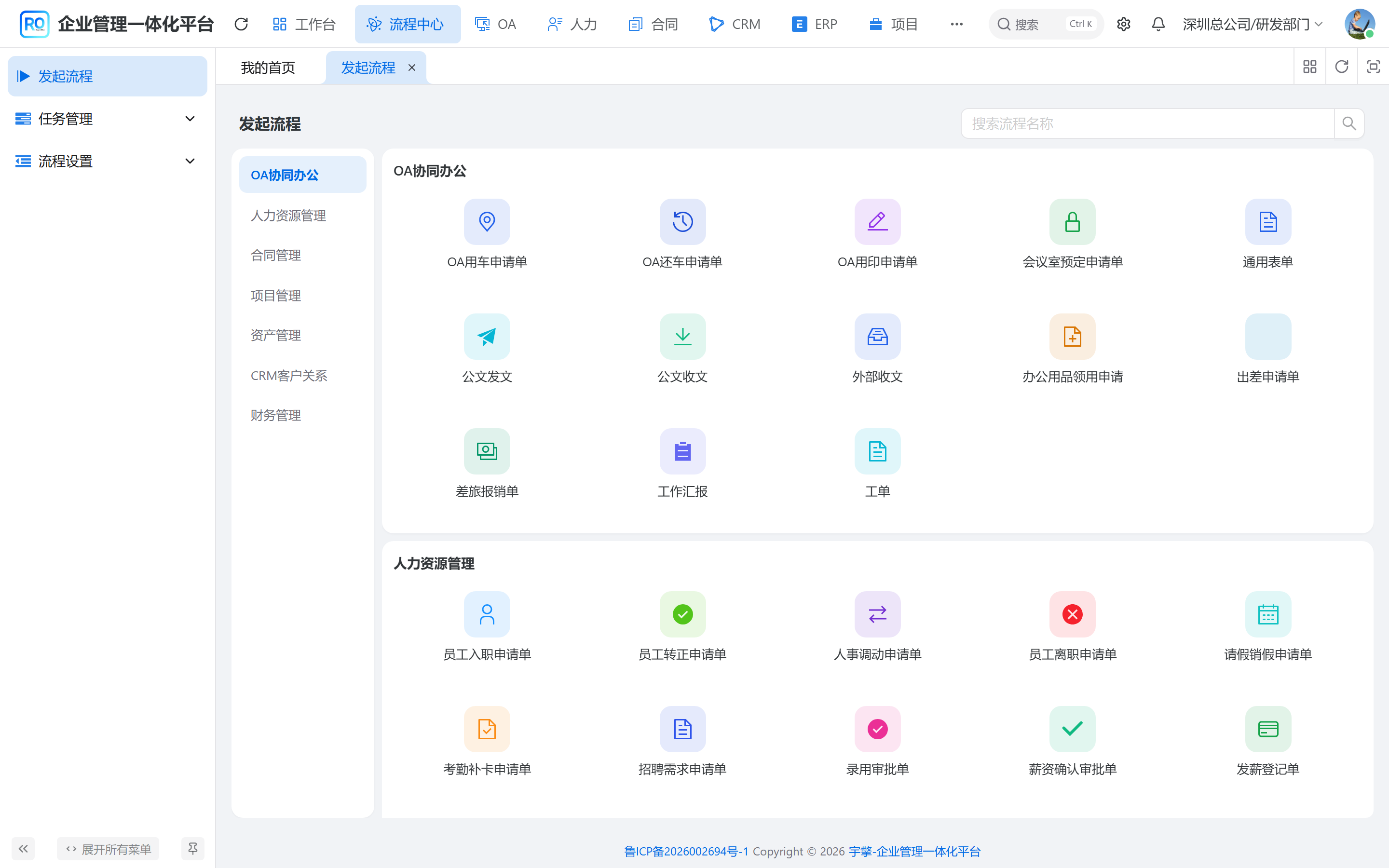 发起流程大厅:卡片是裁过权的,不是全量模型墙