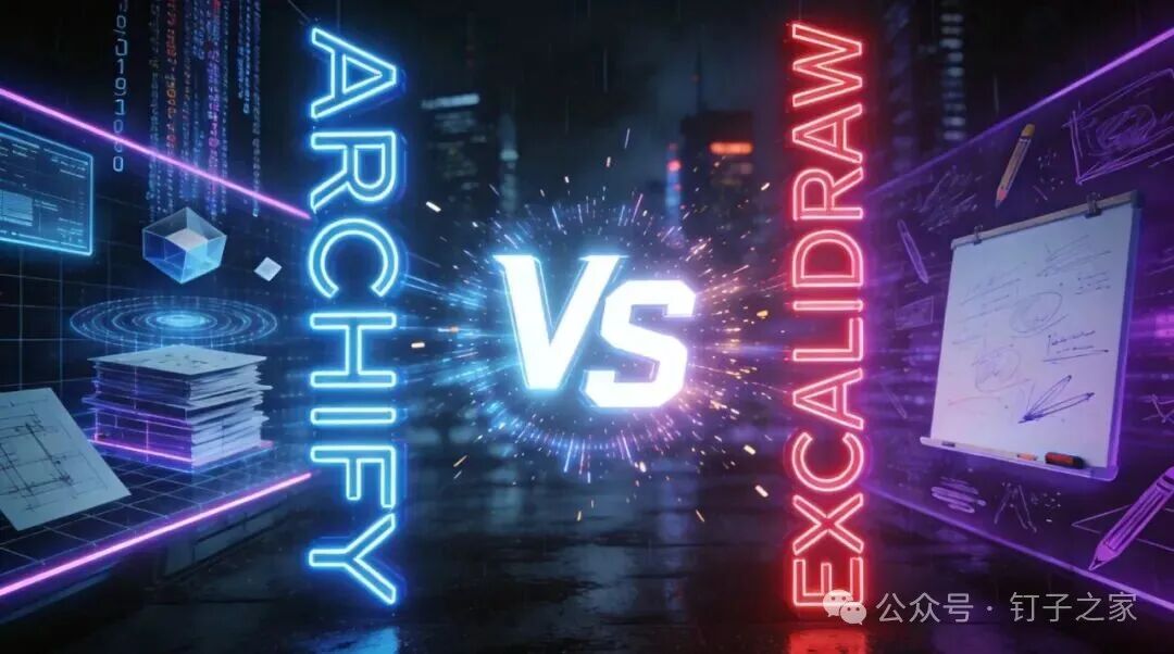 ARCHIFY 与 EXCALIDRAW 对决的赛博朋克概念封面,左蓝青几何数据流,右橙红手绘白板,中央发光 VS