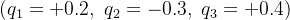 (q_1=+0.2,\\;q_2=-0.3,\\;q_3=+0.4)