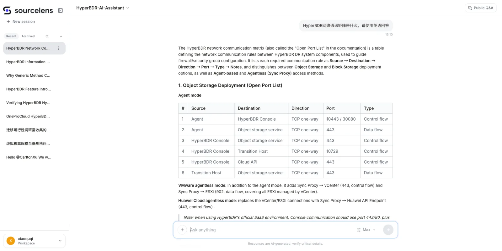SourceLens 对话界面:用中文提问同一个问题并要求用英语回答,Agent activity 面板显示已完成活动,回答自动切换成英文的结构化表格