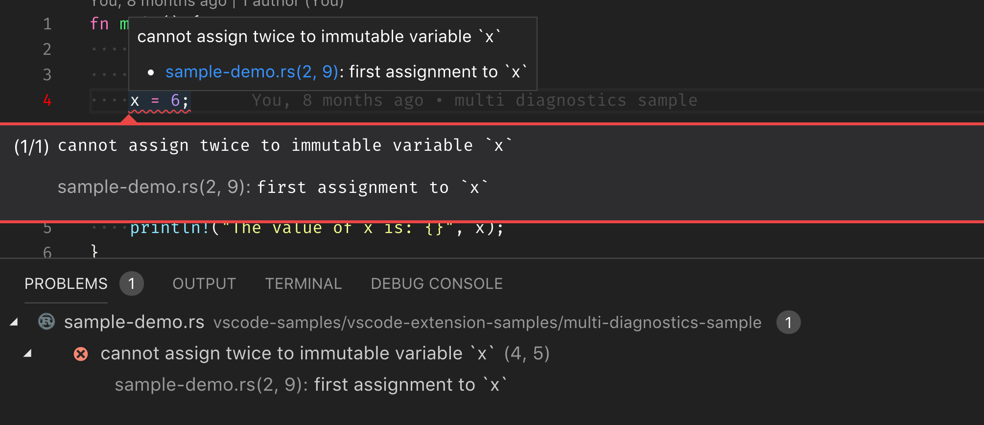 Multi Diagnostics：Problems 视图中带有关联信息的诊断条目