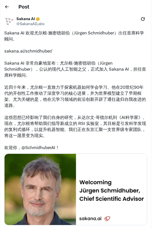 施密德胡伯以首席科学顾问身份加入 Sakana AI