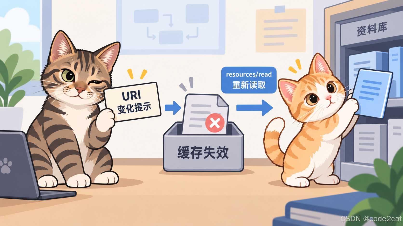导师猫收到URI变化提示后标记旧缓存失效,学习猫重新读取最新资料