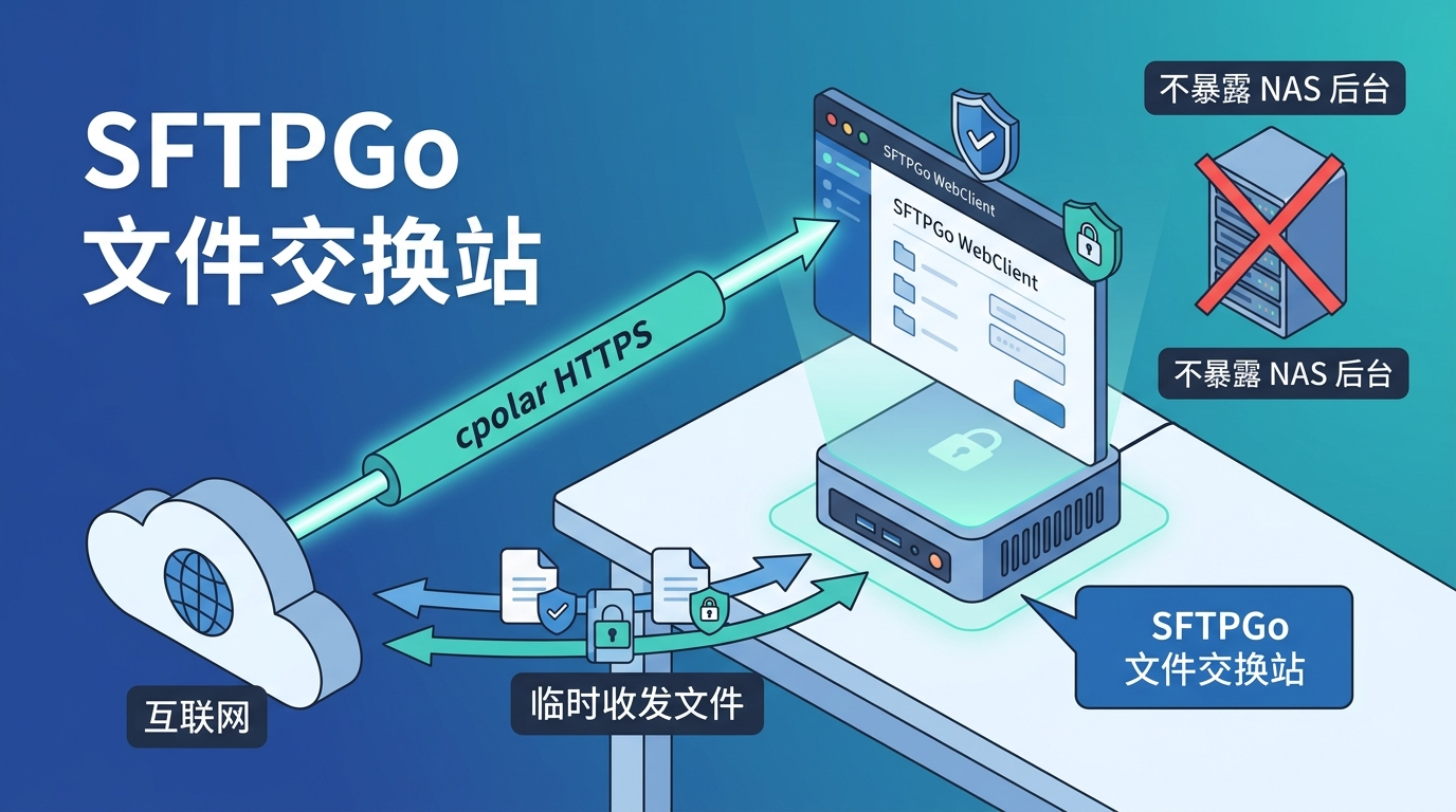 SFTPGo 文件交换站封面:家庭服务器通过 cpolar HTTPS 安全临时收发文件,不暴露 NAS 后台