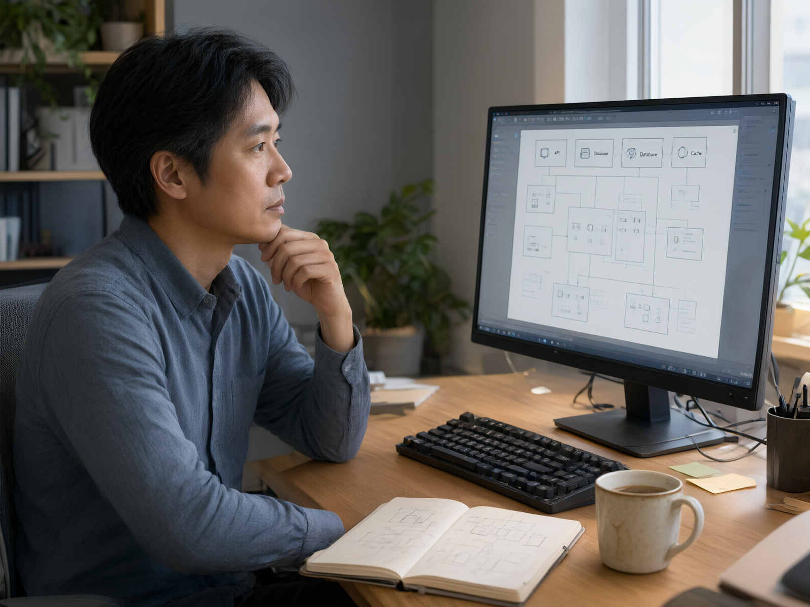 开发者坐在办公桌前， reviewing 显示器上的架构图