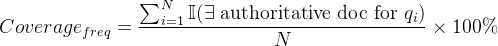 $Coverage_{freq} = \\frac{\\sum_{i=1}^{N} \\mathbb{I}(\\exists \\text{ authoritative doc for } q_i)}{N} \\times 100\\%$
