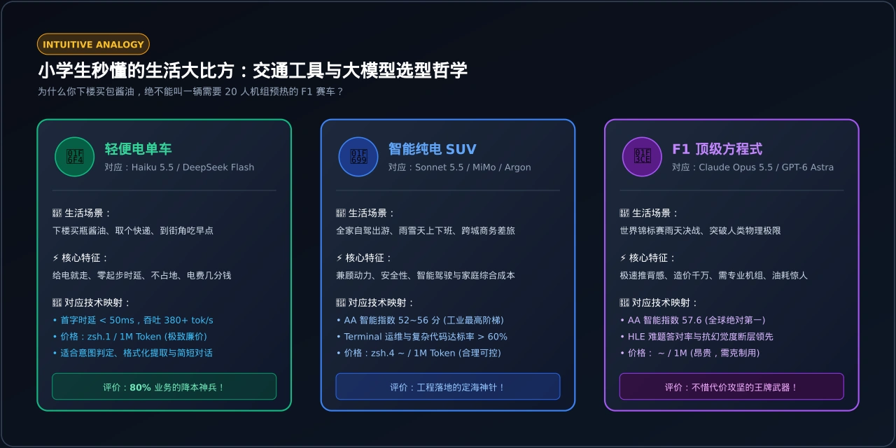 生活大比方图解:交通工具与大模型选型哲学(下楼买酱油的电单车 vs 城市自驾通勤纯电车 vs 摩纳哥雨战 F1 方程式)