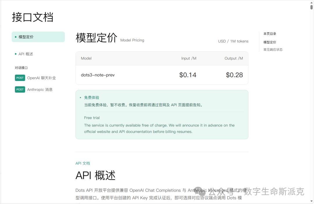 接口文档页:标价 $0.14 / $0.28,但明确写着当前免费体验、暂不收费