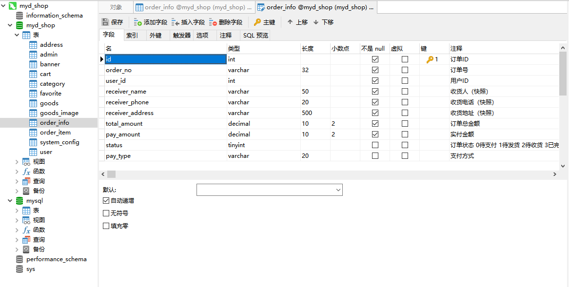 订单表order_info字段设计
