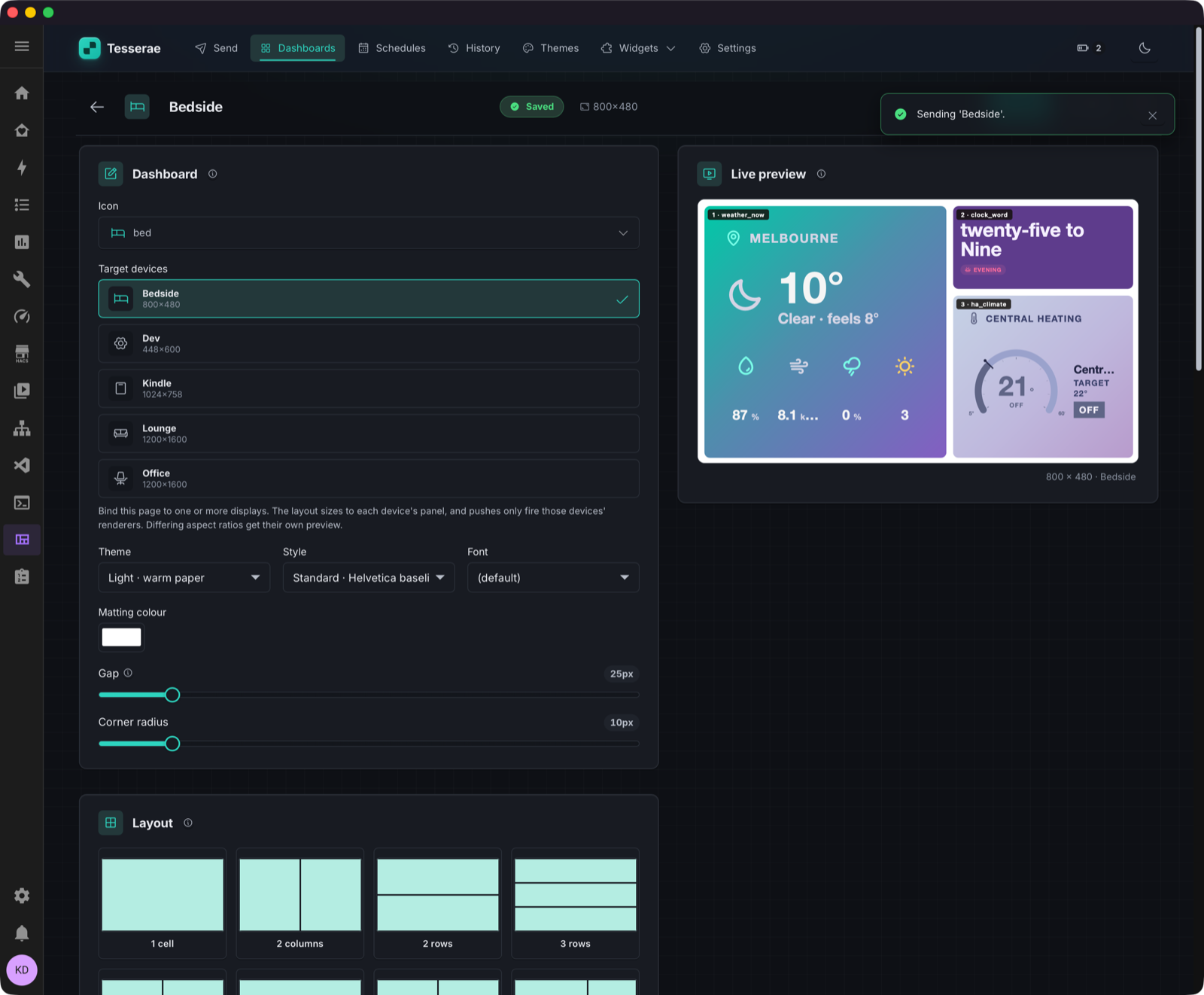 Tesserae 页面编辑器,左侧选择目标设备并配置主题,右侧为 Live preview 实时预览