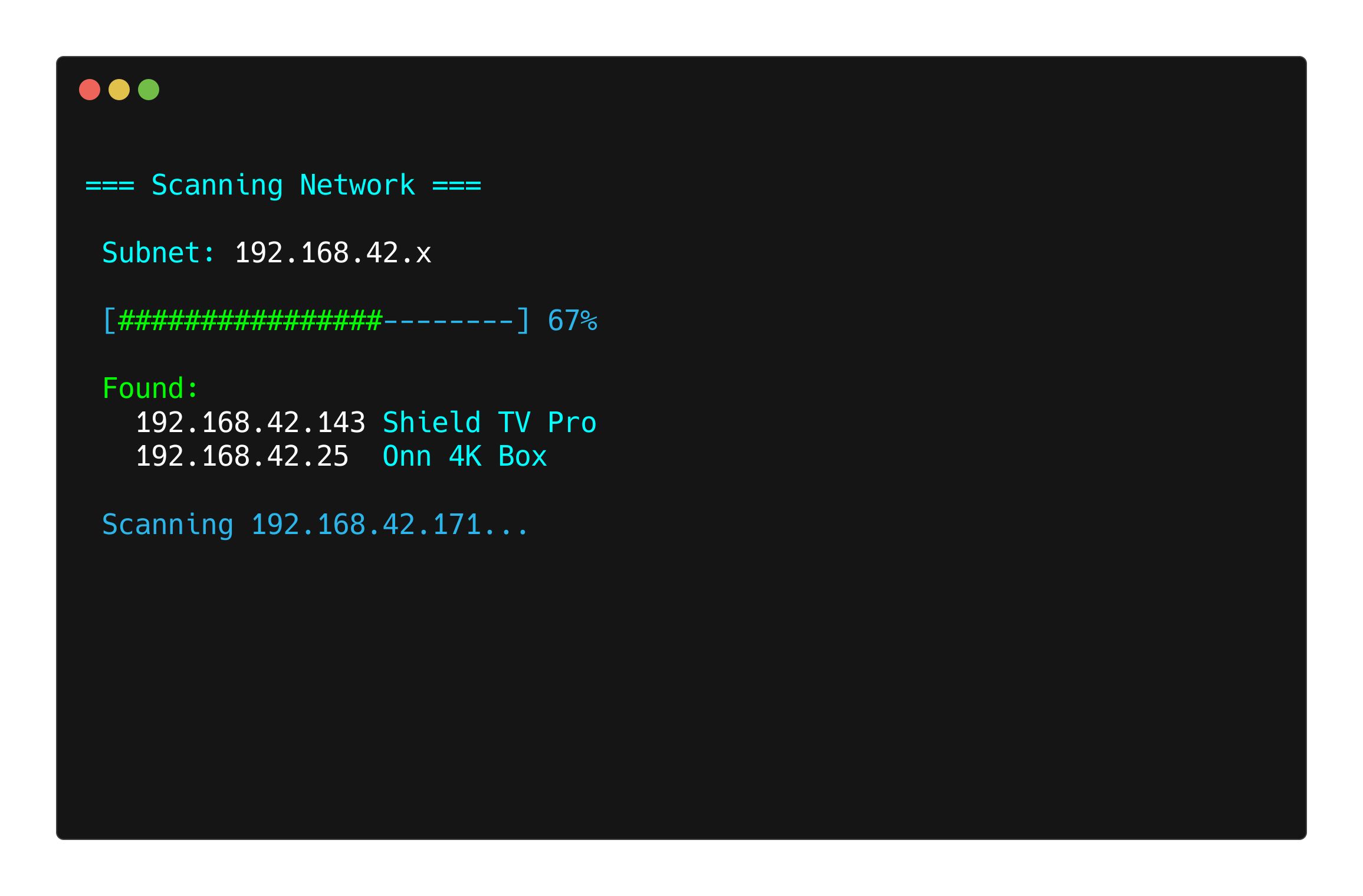 Shield Optimizer 端到端测试中的设备扫描界面:在模拟网络上发现电视设备