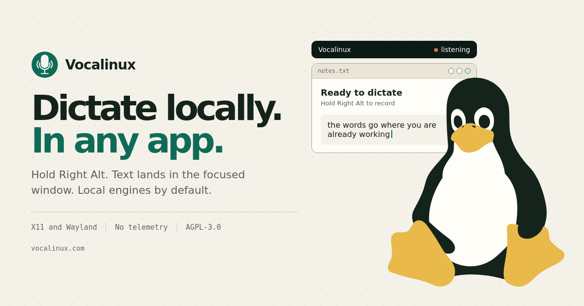 Vocalinux 宣传图:多设备共享的本地语音听写体验