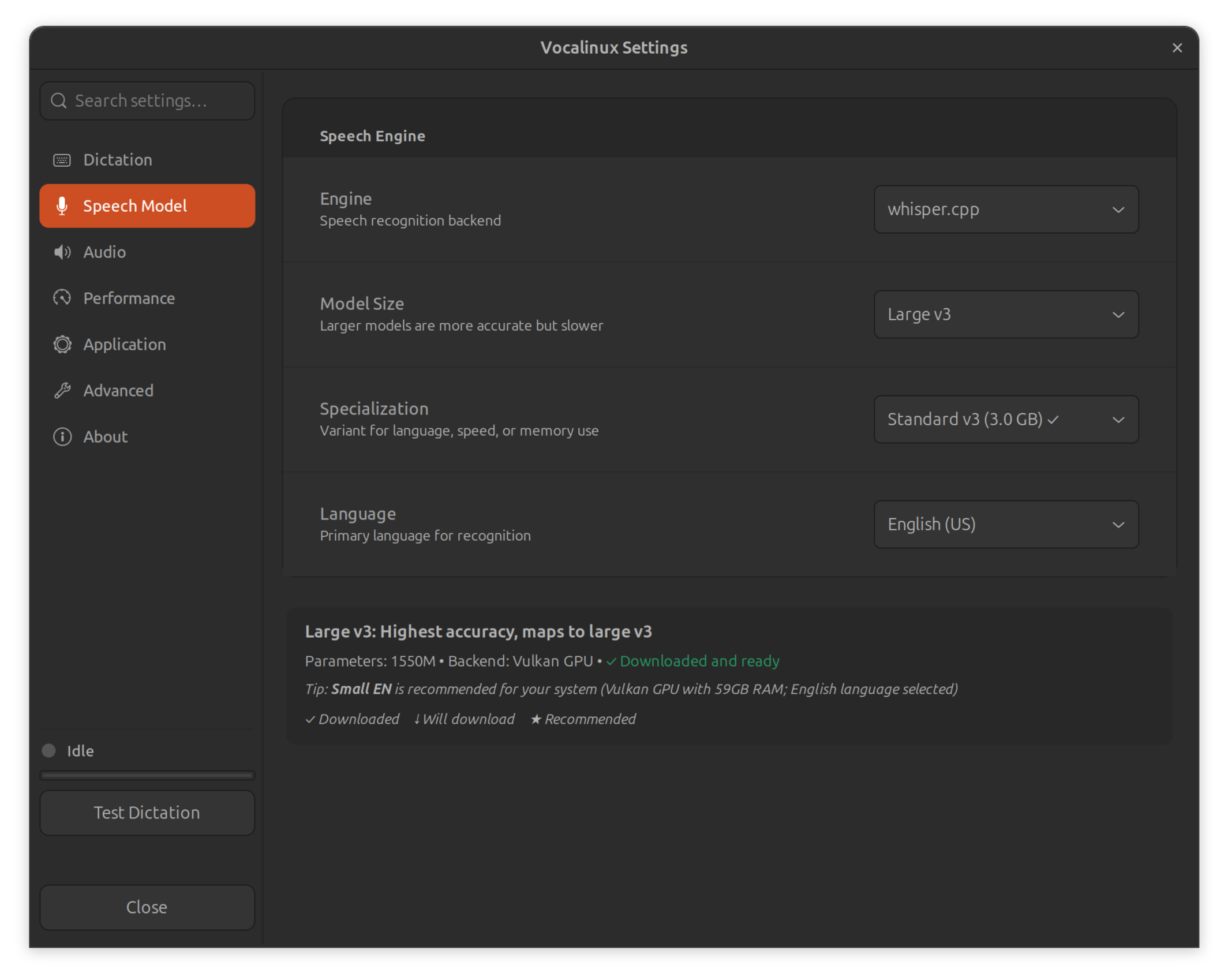 Vocalinux 语音引擎设置界面:Remote HTTP API 与 whisper.cpp 引擎配置