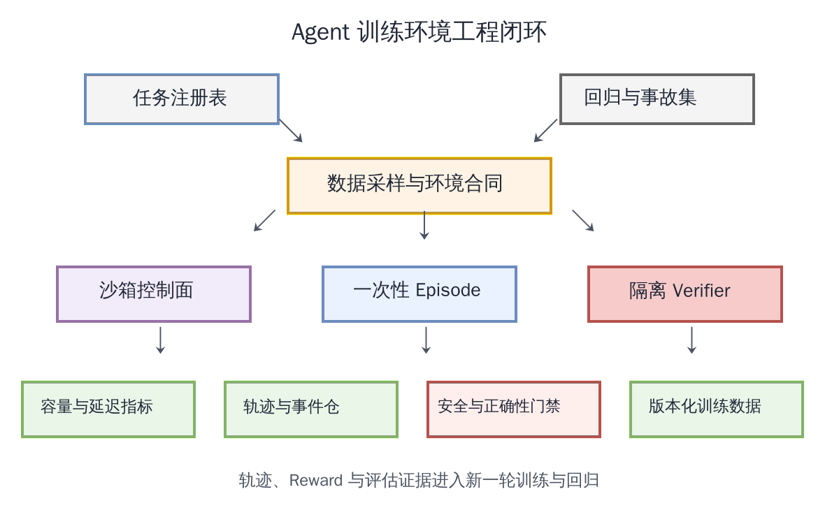 Agent 训练环境工程中的仿真沙箱与数据回流闭环示意图